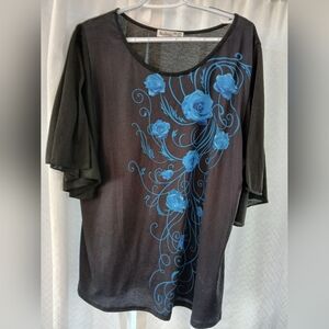 Blue Rose Black Blouse with Flowy Sleeves Size 20